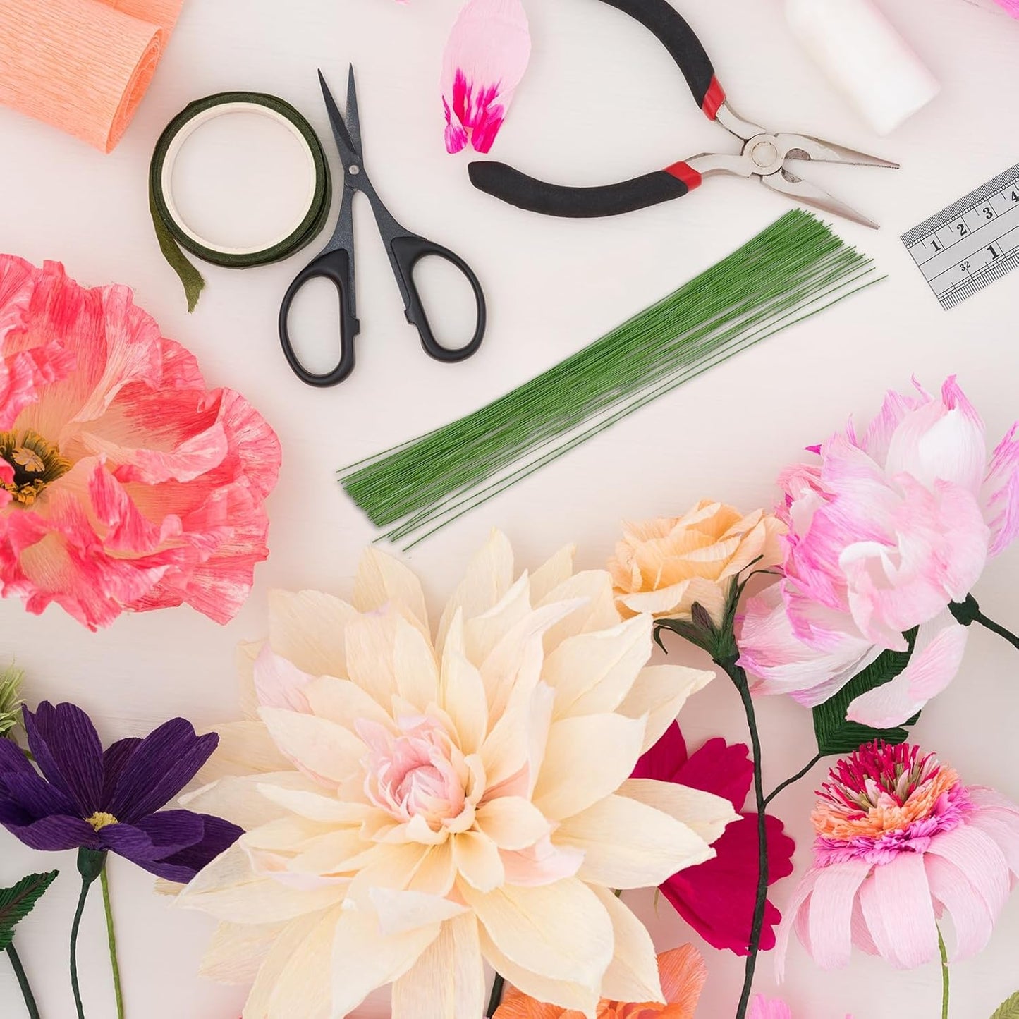 PATIKIL 28 Gauge 16" Floral Stem Wire, 100 Pcs Paper Wrapped Iron Artificial Flower Stem Accessories for DIY Bouquet Stem and Craft Decoration, Light Green