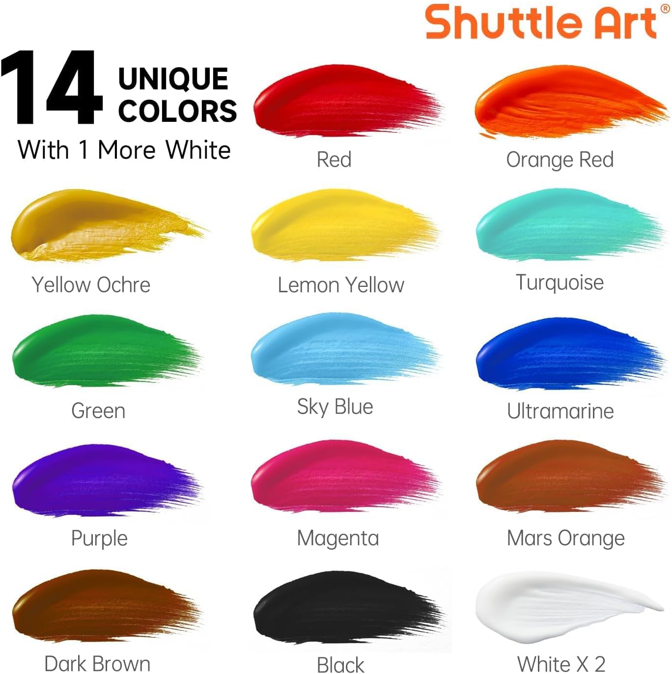 Shuttle Art Acrylic Paint, 15 Pack Acrylic Paint Large Bottle Set, 473ml/16oz Each, 14 Unique Colors and 1 More White, High Viscosity Art Paint for Artists, Beginner & Kids on Rocks Canvas WoodCeramic
