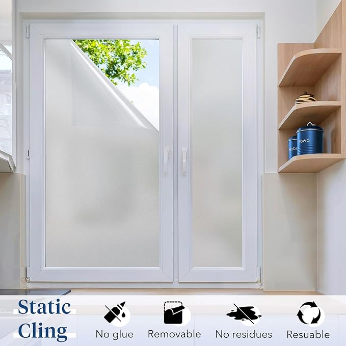 Haton Window Privacy Film Frosted Glass for Bathroom, Static Cling UV Sun Blocking Window Clings, Opaque Decorative Coverings Removable Sticker Heat Control Tint for Home Door, Pure 17.5" x 118.1"