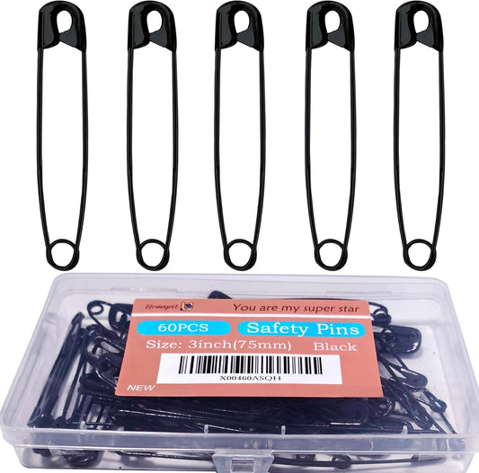 60PCS-3Inch Large Black Safety Pins, Rust-Resistant Nickel Plated Steel, Sharp Edge, Sewing, Arts & Craft