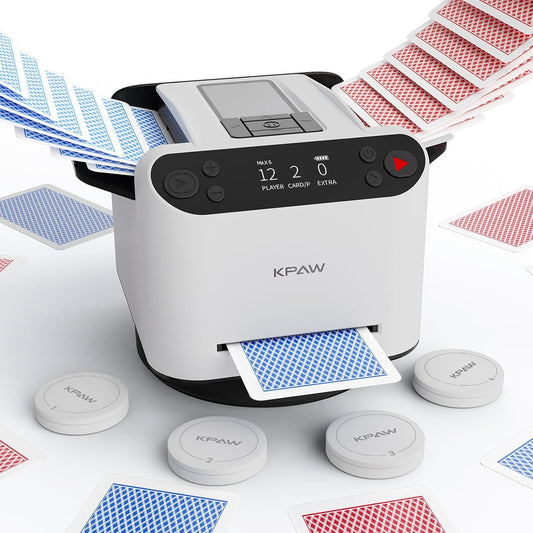 Automatic Card Shuffler and Dealer - 1-2 Decks Support 12 Players, 4 Drawing Remotes, Auto Post-Shuffle Deal, Consecutive/Random Dealing, for Poker, Blackjack, UNO, Phase 10, Five Crowns (White1)