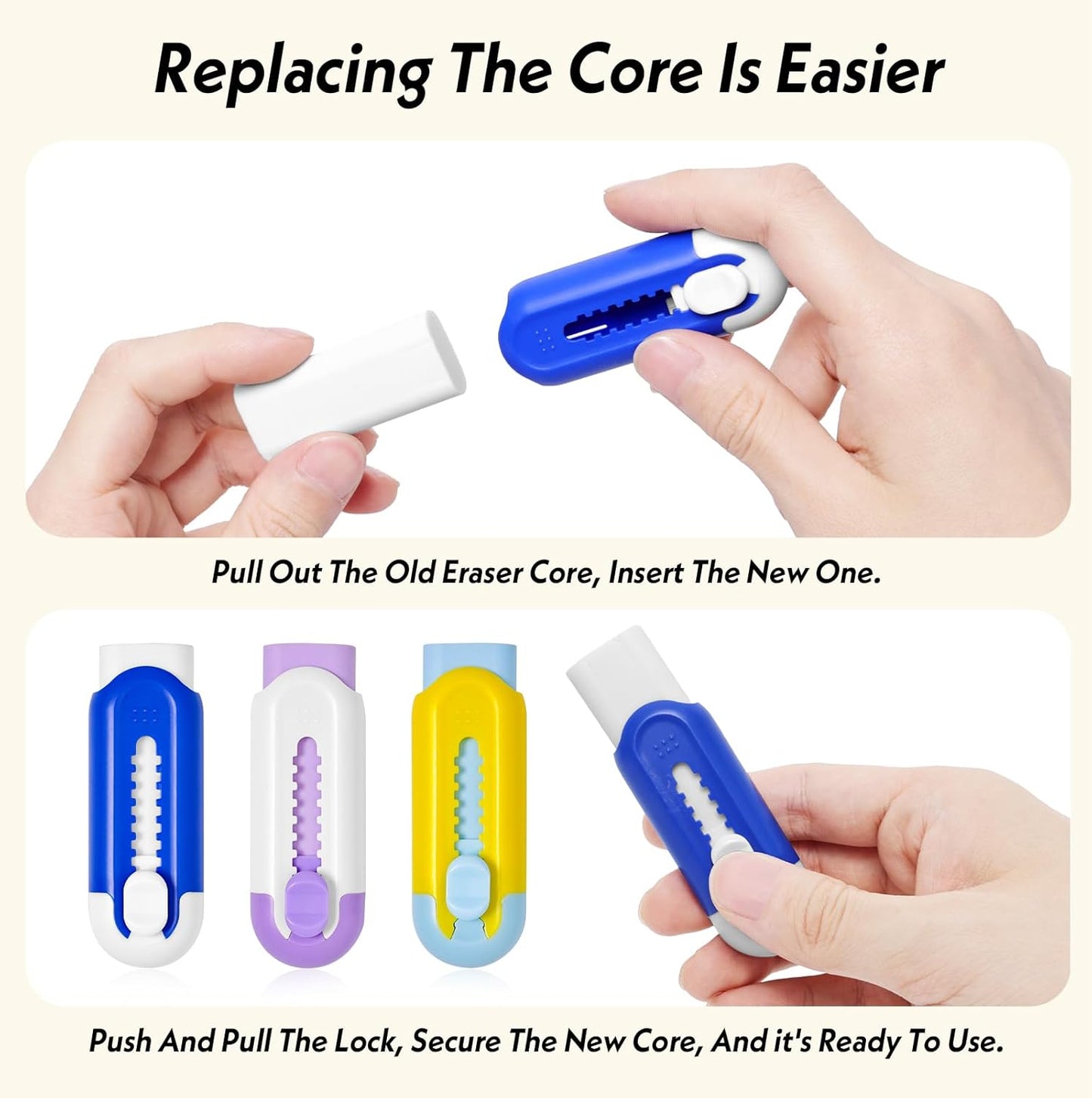 Retractable Eraser, Pack of 3, Pencil Eraser for Pencils,Assorted Color