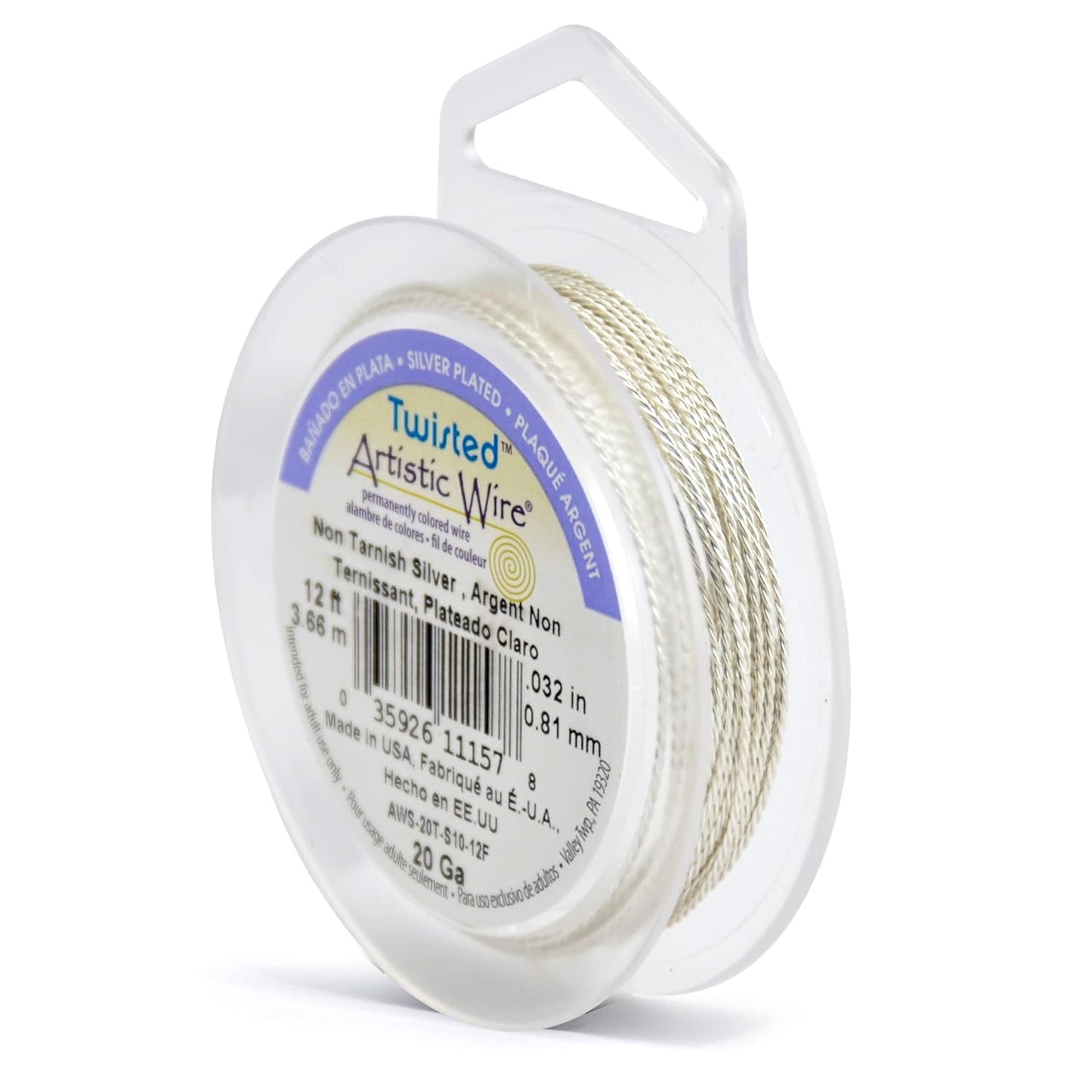 Artistic Wire, 20 Gauge / .81 mm Silver Plated Tarnish Resistant Colored Copper Craft Wire, Round Twist, Tarnish Resistant Silver, 12 ft / 3.65 m