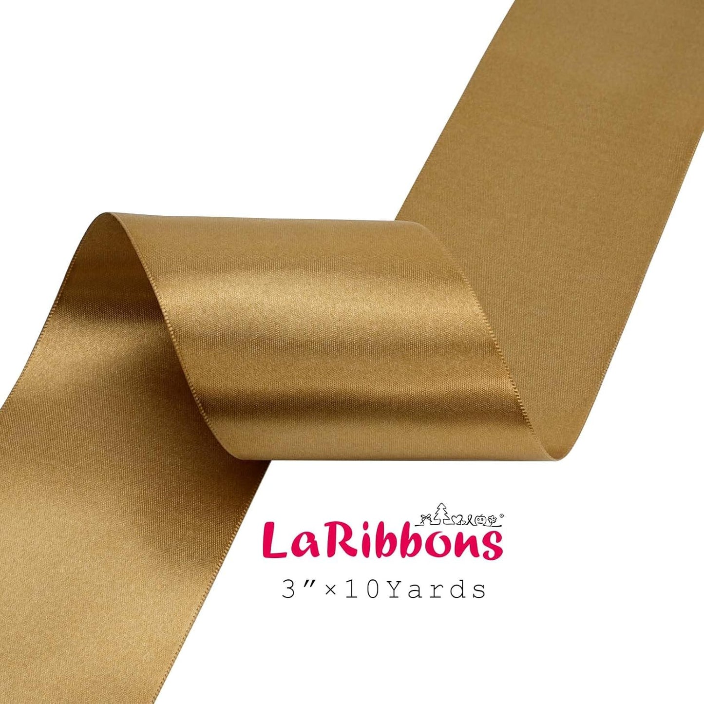 LaRibbons Pale Gold Satin Ribbon 3 Inch 10 Yards Double Faced Luxury Pale Gold Silk Ribbon for Gift Wrapping Flower Bouquets Bow Christmas Wedding Party Decoration