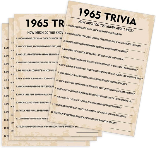 QUPT 60th Birthday Party Games, 1965 Trivia Games, Birthday Party Supplies for Adults, Fun 1965s Party Game，Pack of 30 Cards