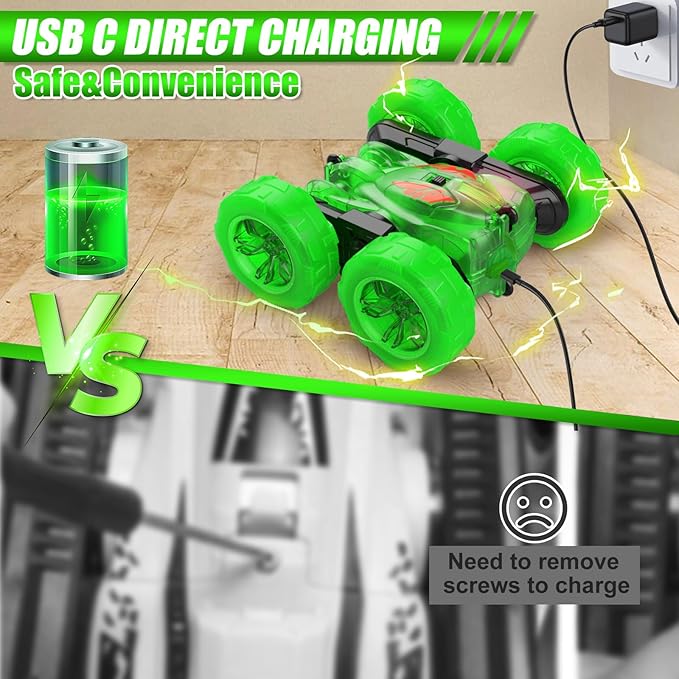 Remote Control Car-Rechargeable Fast Direct Charging RC Cars For Kids with Colorful Light,Double-Sided 360° Rotating Stunt 4WD RC Truck Car Toys for Ages 5-7 Gift for Boys Girls Aged 8-12 Green
