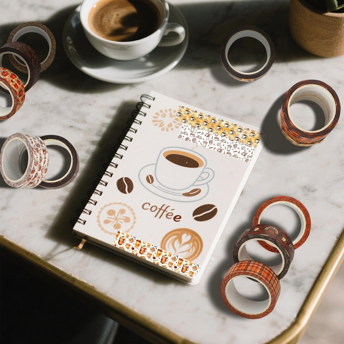 12 Rolls Coffee Washi Tape Set, Vintage Coffee Decorative Tapes, Retro Brown Watercolor Cafe Masking Tape for Journaling, Scrapbooking, Planner, DIY Arts Crafts Supplies, Gift Wrapping 16.4FT