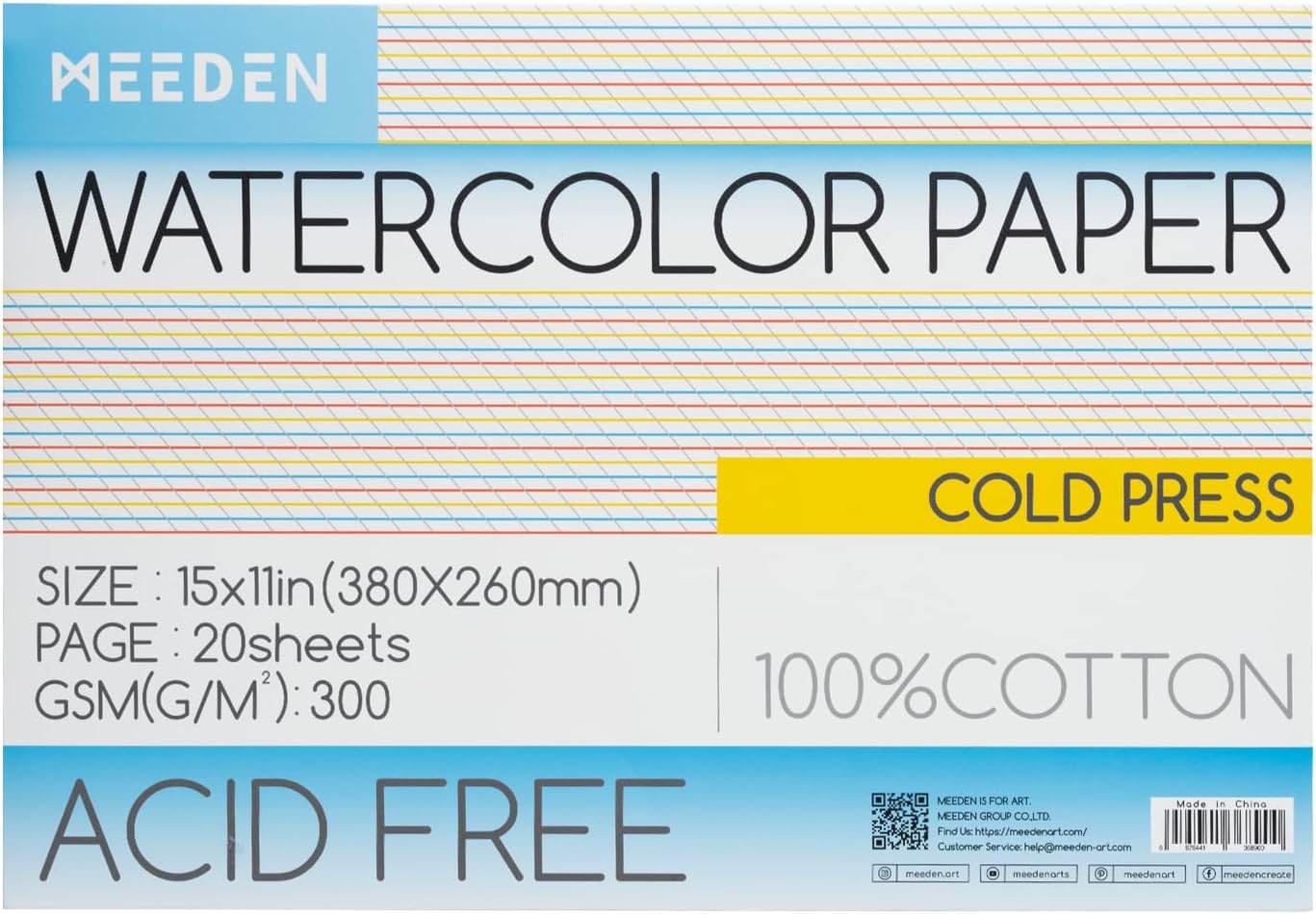MEEDEN Watercolor Paper Block - 100% Cotton Watercolor Paper Pad of 20 Sheets, 140lb/300gsm, Acid-Free Art Paper for Watercolor, Gouache, Ink and More, 15" x 10" Cold Press