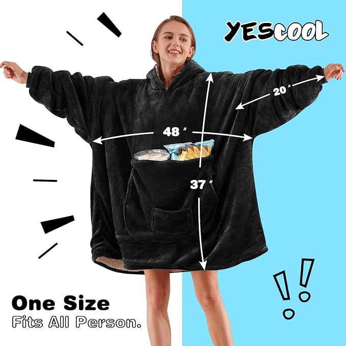 yescool Wearable Blanket Hoodie, Flannel Sherpa Fleece Blanket Sweatshirt for Adults Women Men,One Size Fits All