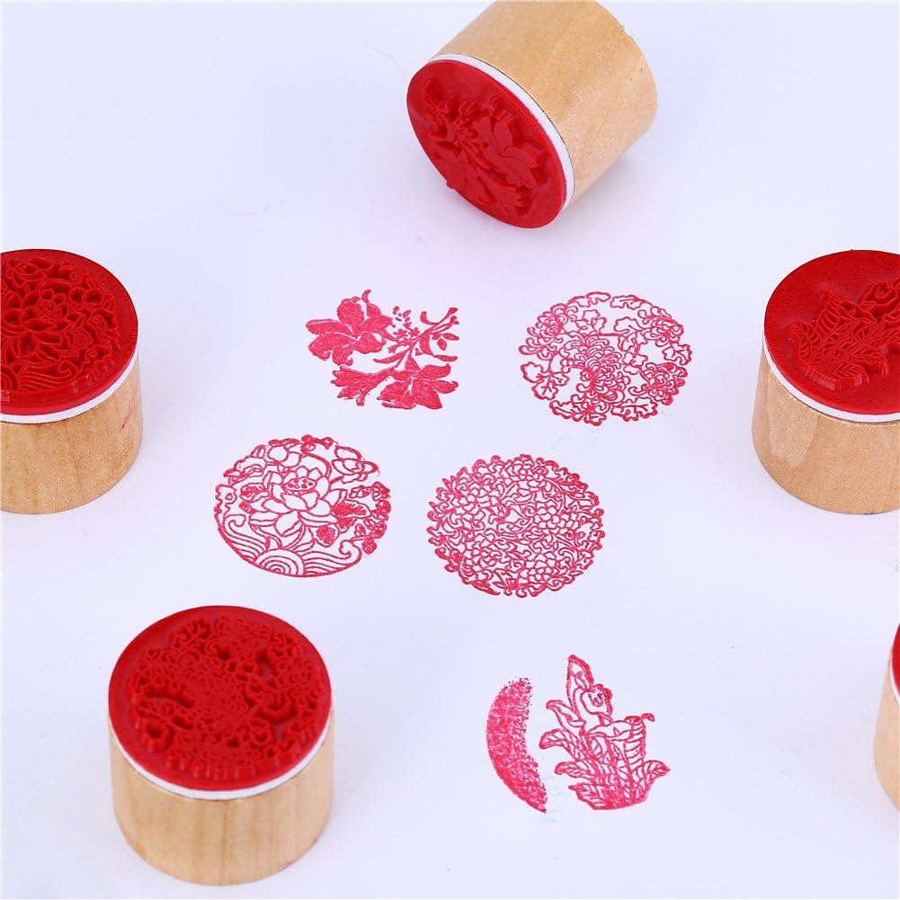 CCINEE 6pcs Round Rubber Stamps Floral Pattern Wooden Stamps for Christmas Scrapbooking Cards and Crafts Making