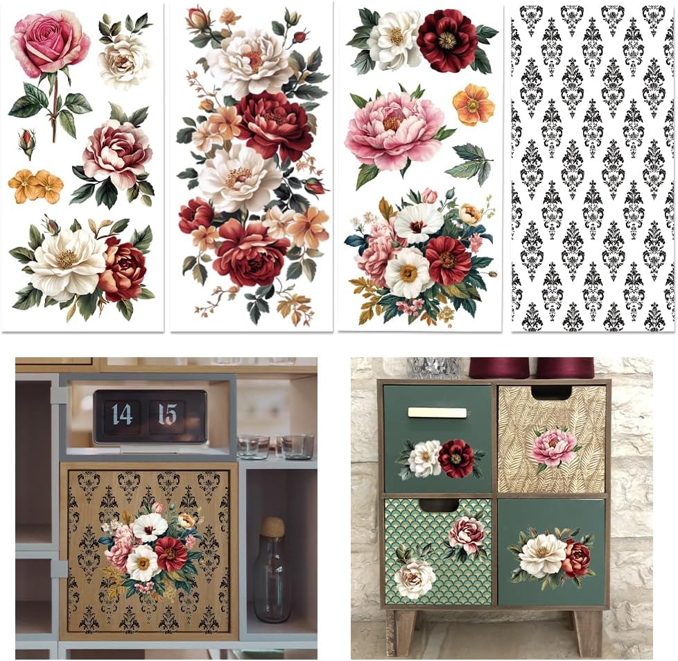 GLOBLELAND 4 Sheets Vintage Peony Flowers Transfer 11.8x5.9inch Flower Background Rub on Transfer Rose Self-Adhesive Wall Art Decals for Bedroom Living Room Desk Table Decoration