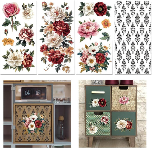 GLOBLELAND 4 Sheets Vintage Peony Flowers Transfer 11.8x5.9inch Flower Background Rub on Transfer Rose Self-Adhesive Wall Art Decals for Bedroom Living Room Desk Table Decoration