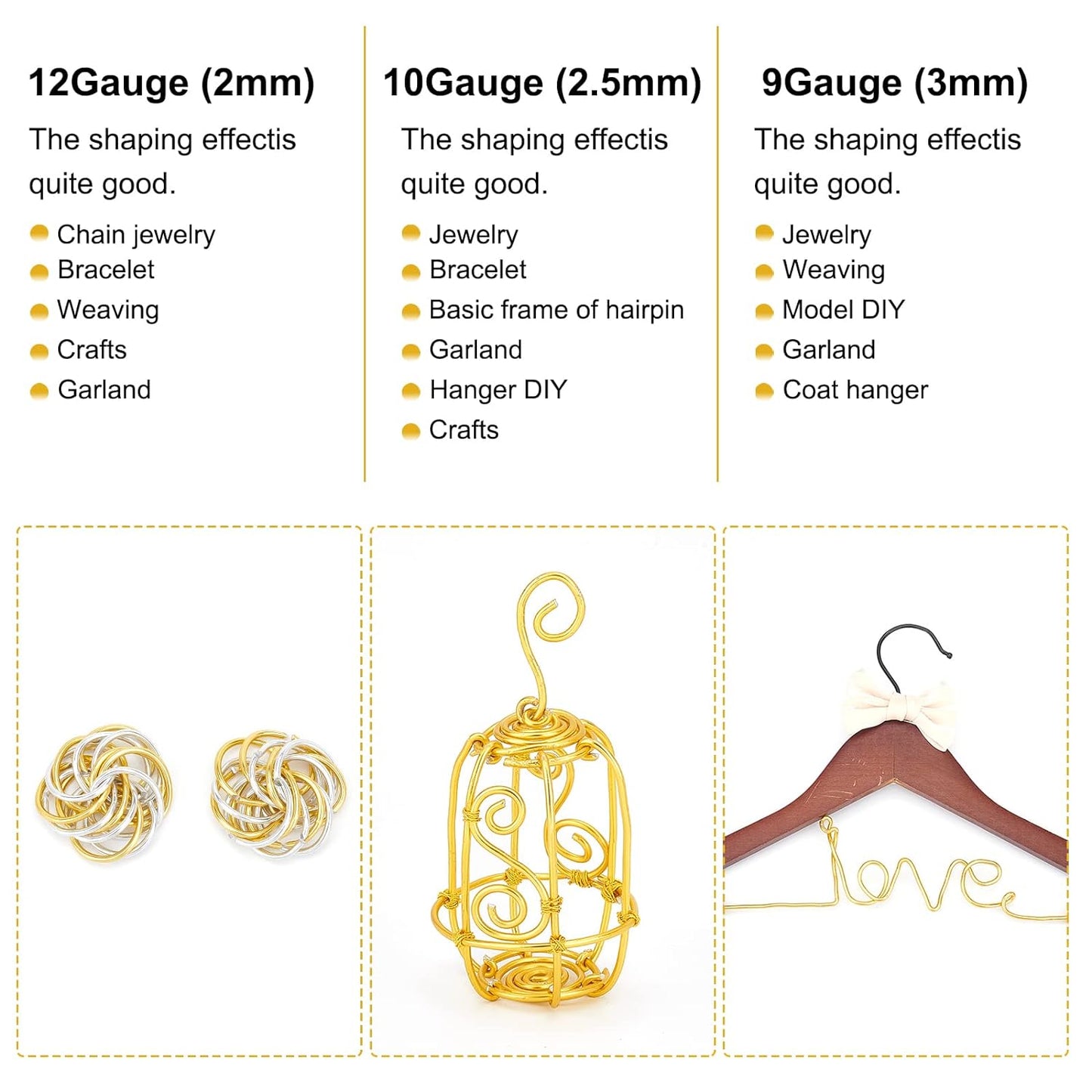 BENECREAT 9 Gauge 55FT Gold Jewelry Craft Wire Tarnish Resistant Bendable Aluminum Sculpting Metal Wire for Jewelry Craft Beading Work, 3mm