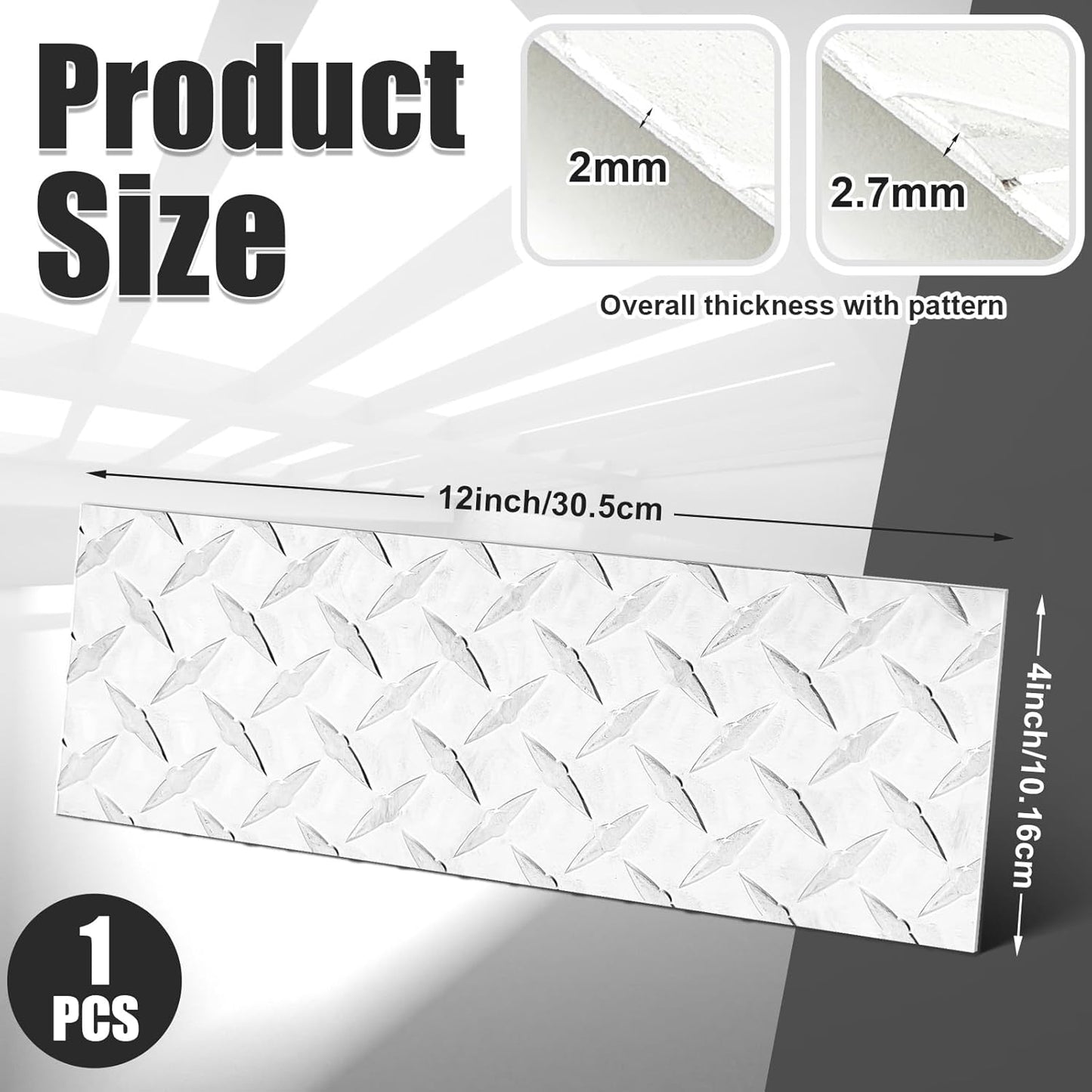 1pcs Diamond Plate Sheet Metal Heavy Duty Tread Aluminum Sheet Diamond Tread Plate for Wall Covering, Cargo Trailer, RV and More (4'' X 12'' X 0.08'',Silver)