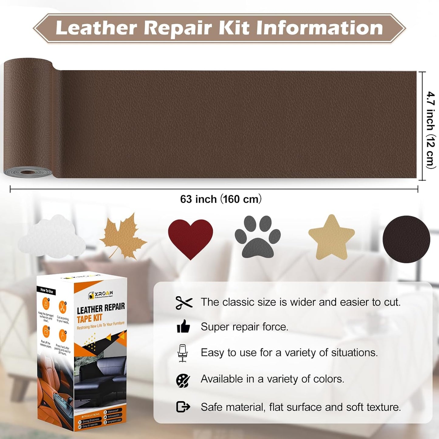 Leather Repair Tape, 4.7x63 inch Leather Patches for Furniture, Self Adhesive Leather Repair Patch for Sofas, Couches, Leather Covers, Seats, Chairs, Vinyl Repair Tape Retro Dark Brown