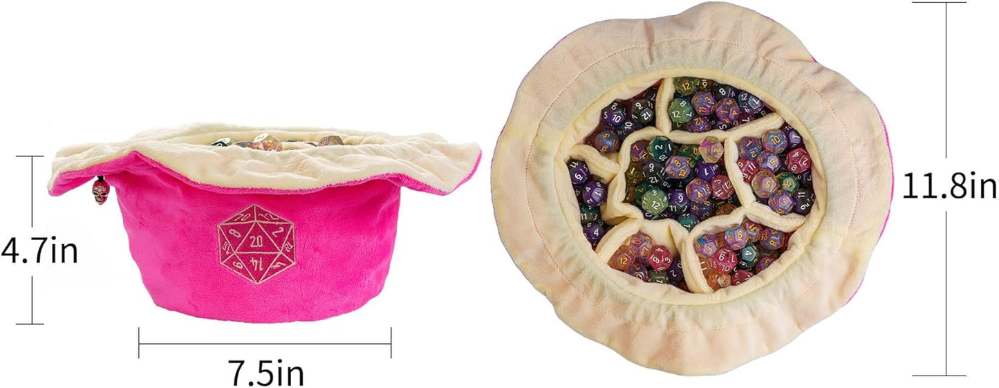 DND Dice Bags Large with Pockets Pink Storage Bag with D20 Logo for RPG Game Dices - Capacity 200+ Dice