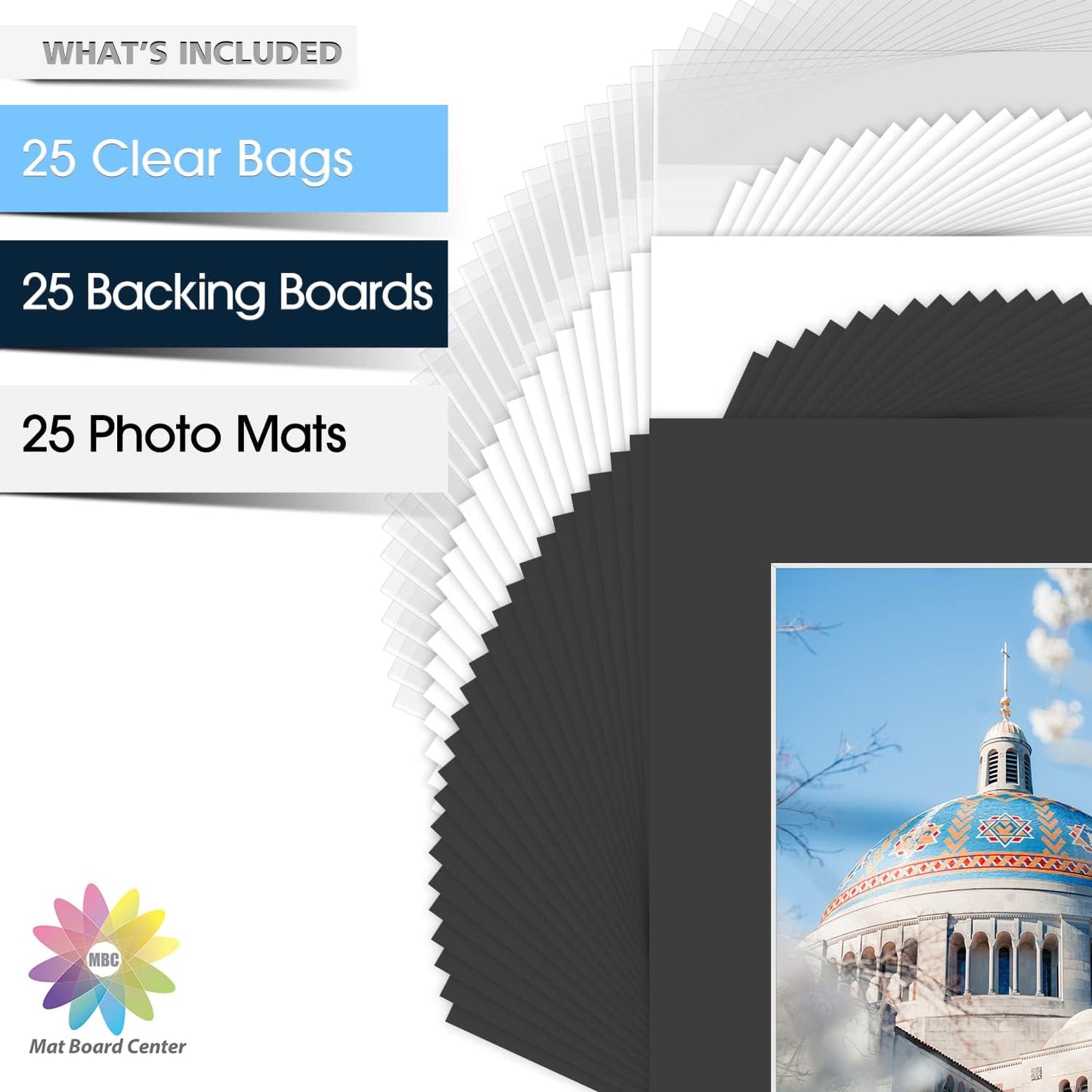 Mat Board Center, Pack of 25, 16x20 for 11x14 Black Picture Mat Sets - Acid Free, 4-ply Thickness, Bevel Pre-Cut White Core - Includes Backing Boards and Clear Bags - for Pictures, Photos, Framing