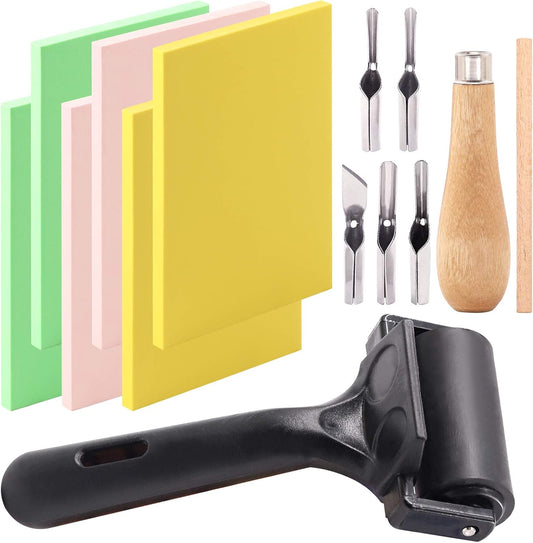 Keadic 12Pcs Soft Rubber Carving Blocks Kit, Comes with Linoleum Cutter Tools & 2 Inches Rubber Roller Brayer Rollers Glue Roller for Ink Paint Block Stamping, Printmaking Wallpaper and Arts & Crafts