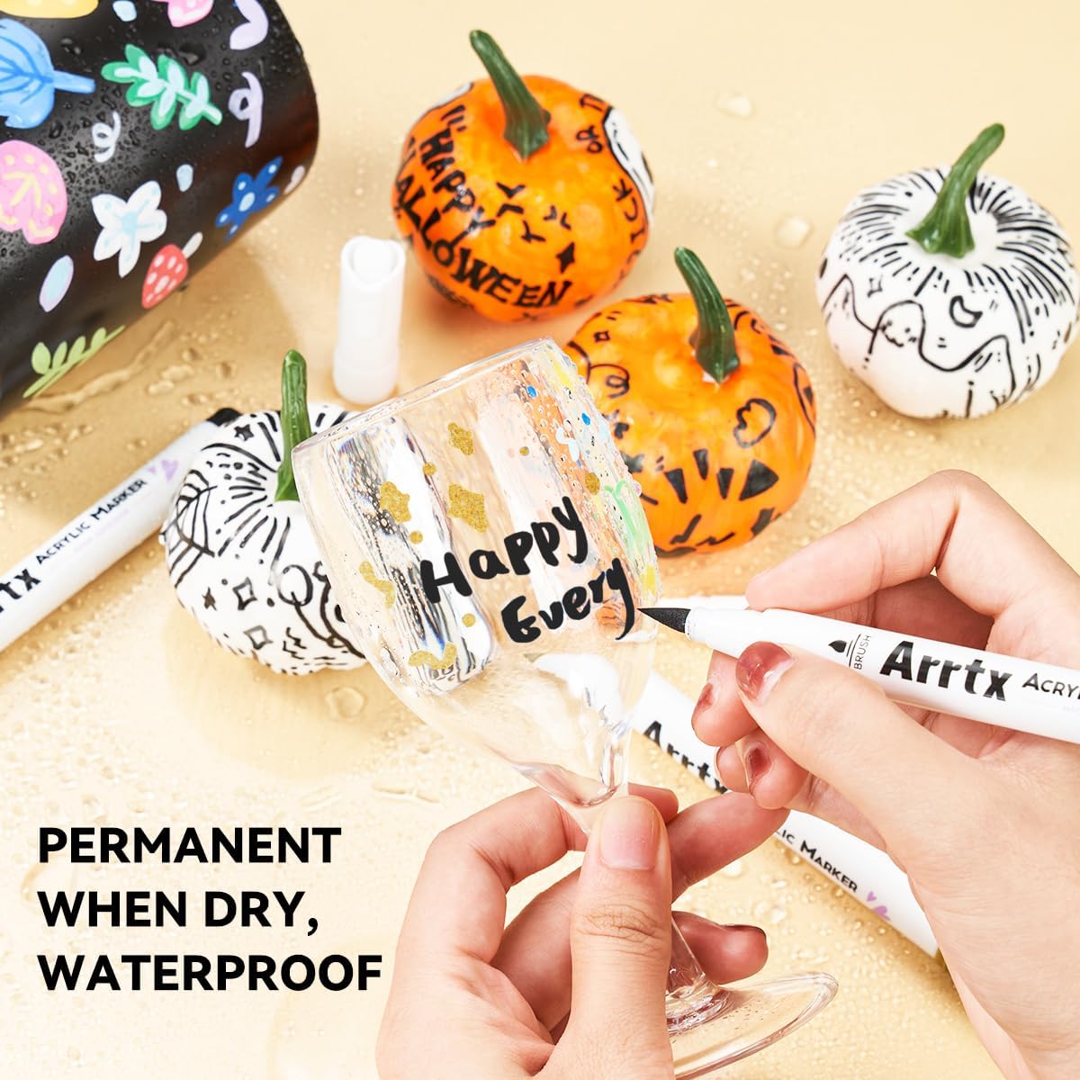 Arrtx Acrylic Paint Pens, 10 Pack Extra Brush Tip White Paint Markers Metallic for Rock Fabric Wood Glass Canvas Ceramic, 4 White 4 Black 1 Gold & 1 Silver, Water Based Ink, DIY Crafts