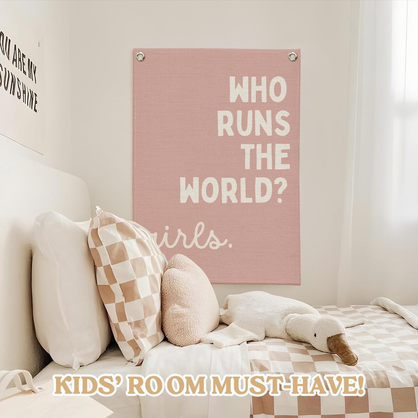 Girls Room Decor for Nursery Decor Linen Canvas Banner,Pink Who Runs The World Girl,Inspirational Wall Hanging Flag Banner for Baby Kids Girl Bedroom Dorm 18x25 Inch