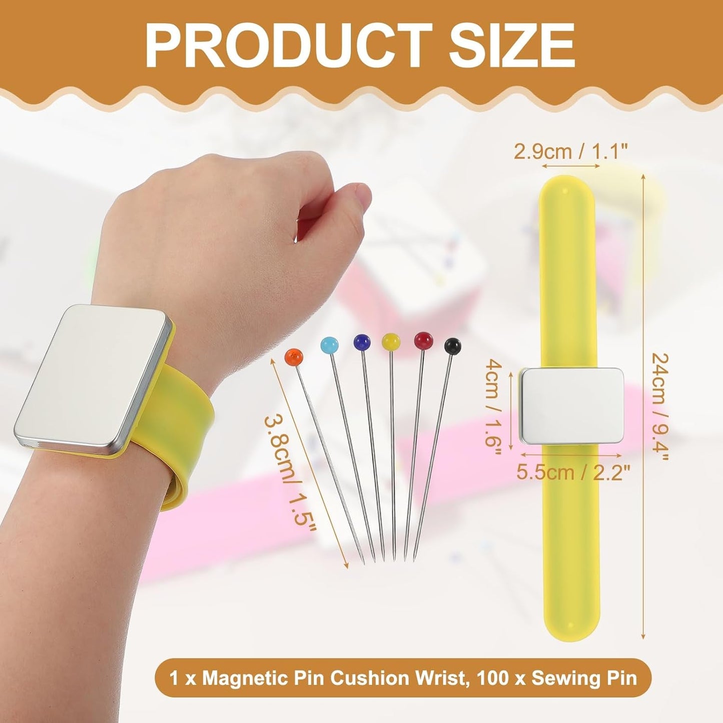 PATIKIL Magnetic Wrist Pin Cushions for Sewing, Magnetic Pin Cushion Magnetic Wrist Gel Band Holder Wristband Pincushion with Pins for Sewing Braiding Quilting Hair Clips, Yellow