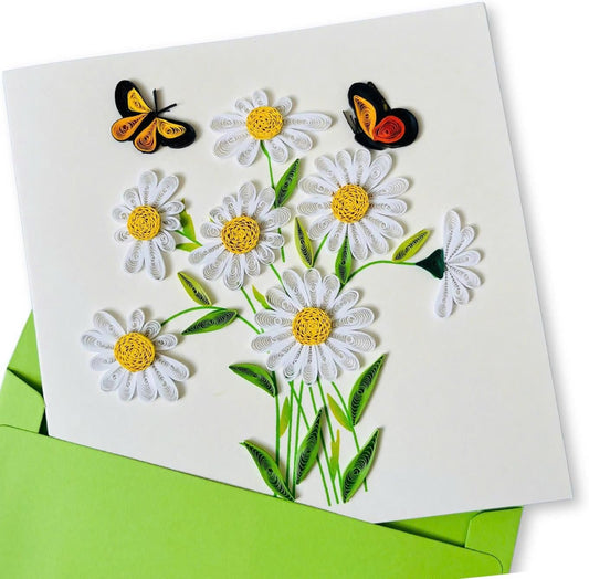 Quilling Cards, handmade card, quilled cards with Dedicated Paper Handmade Art for all occasions: Mother's day, Father's day, Birthday... daisy bouquet (With butterflies)