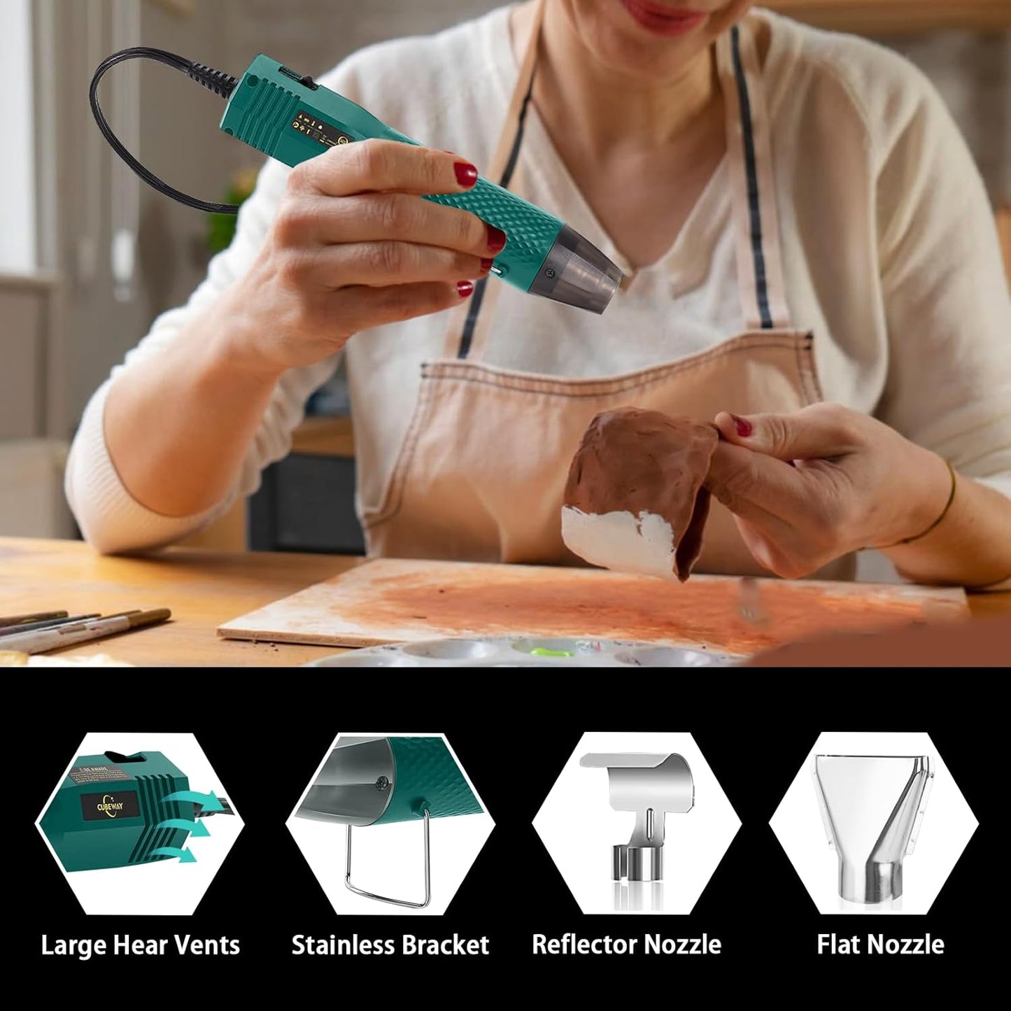 Heat Gun 350W with Dual Temp 392°F & 662°F and 2 Nozzles, Fast Heat Hot Air Gun with Overload Protection, 6.56Ft Long Cable for Crafting, Shrink Tubing, Vinyl Wrap, Epoxy