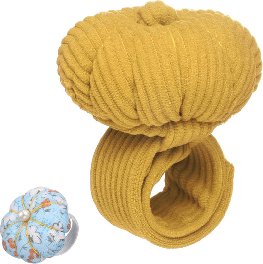 HARFINGTON Wrist Pin Cushions, Sewing Needle Pin Cushion Adjustable Strap with Elastic Strap Finger Ring Pincushions Fit All Wrist Sizes for Sewing Quilting Needlework DIY Crafts, Yellow/Blue