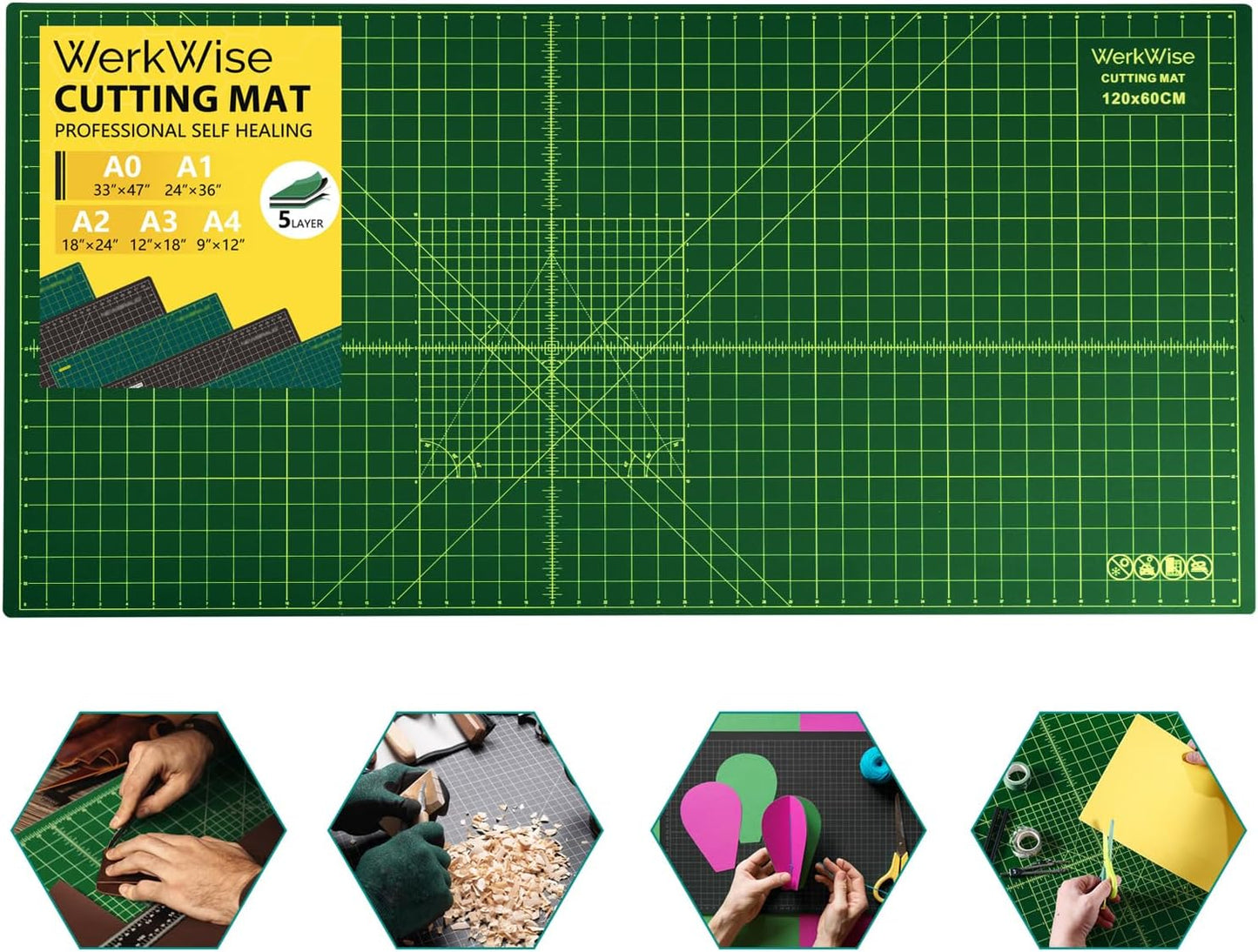 Large 23" x 47" Self Healing Sewing Mat, WerkWise Rotary Cutting Board, Double Sided 5-Ply 23x47 Inch Mat for Quilting, Sewing, Fabric, & Crafts, Designed for Use with Rotary Cutters (Green & Black)