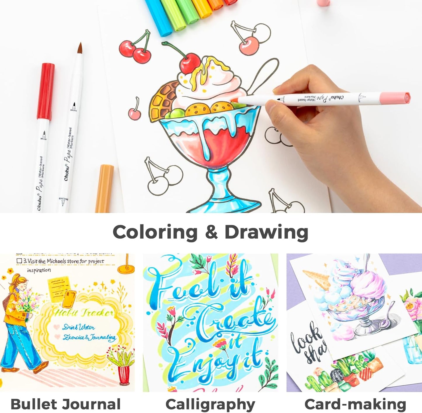 Ohuhu Markers Paper-friendly No Peeling Water-based 60 Colors Dual Brush Fineliner Tips Markers for Adult Coloring Books No Bleeding Coloring Markers for Kids Beginner Calligraphy - Pupe