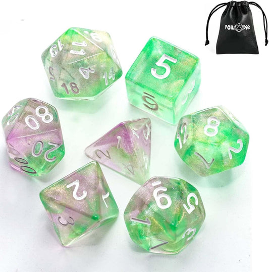 7-Die DND Dice Set Polyhedral Dice Set with a Leather Dice Bag, D&D Dice Set for Dungeons and Dragons, RPG Table Games (Green Pink/Glitter)
