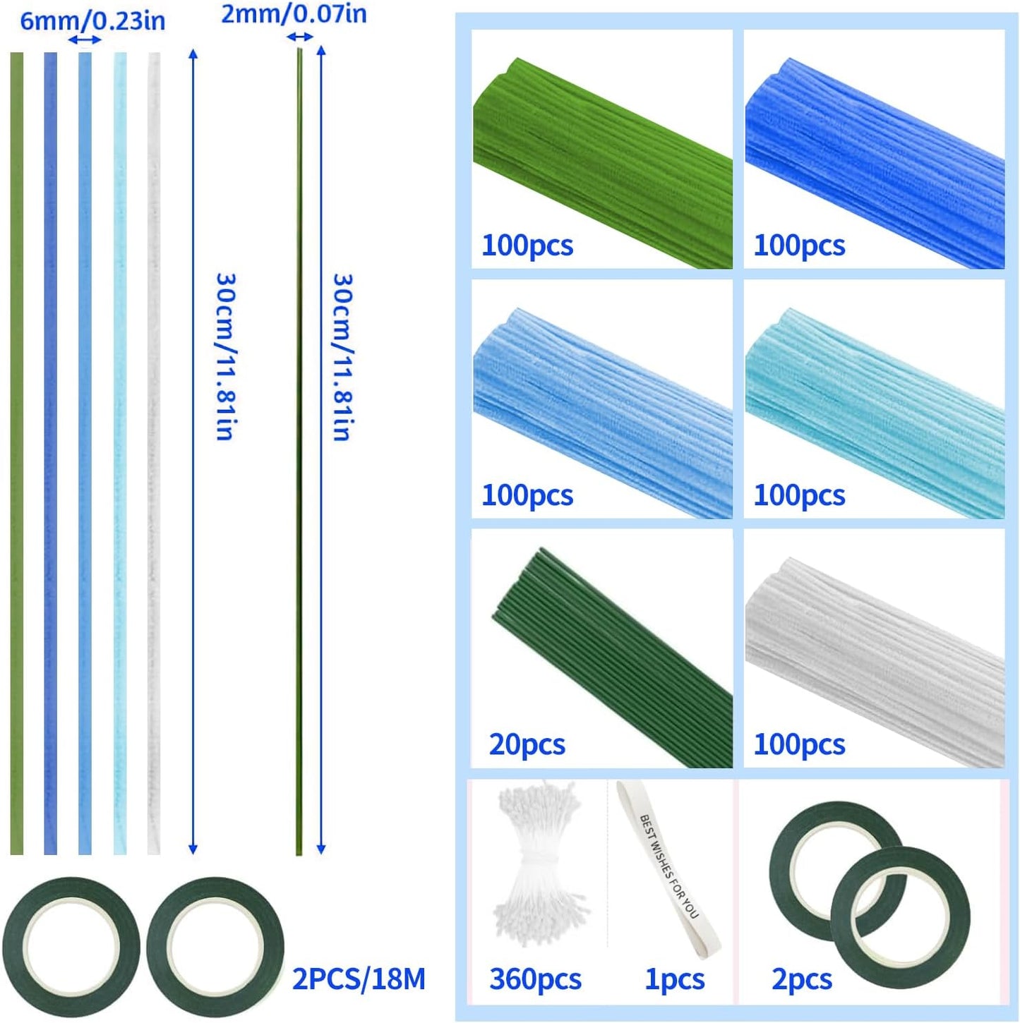 500 Pcs Pipe Cleaners Craft，5 Colors Pipe Cleaners Bulk,Chenille Stems Flowers Craft kit for DIY Handmade Bouquet Wrapping Party Decorations whit Ribbons，Stems,Tape，Stamens, Glue Sticks (Blue)