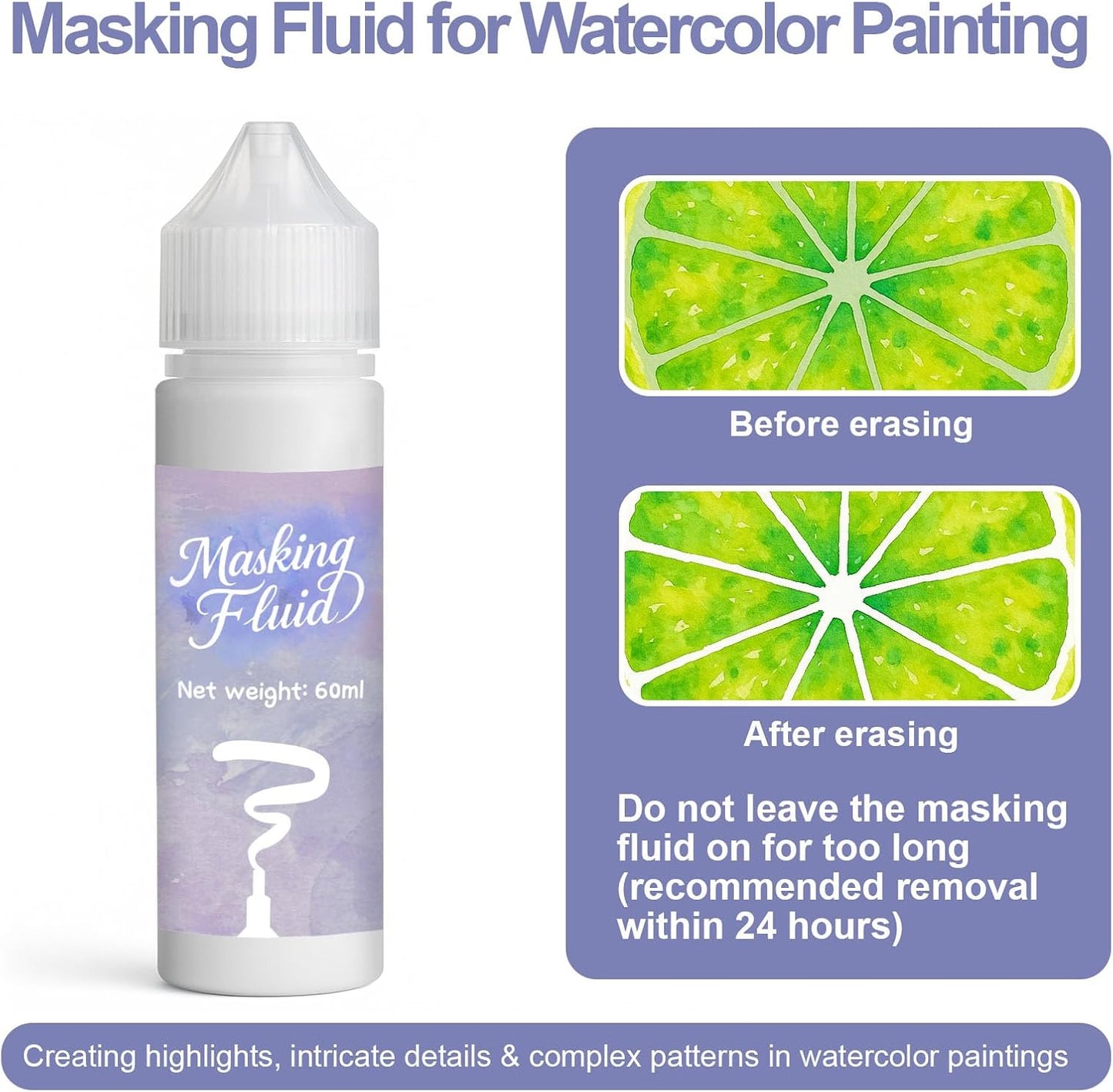 120ml Masking Fluid for Watercolor Painting, Art Watercolor Masking Fluid Precise White Space, Easy Peel-Off, Water Based Latex, for Artists, Beginners, DIY Canvas Protection (White)