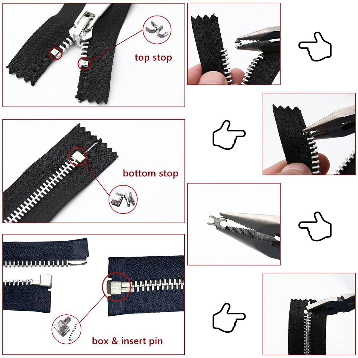 48 Pieces Metal Zipper Repair Accessories Set, Zipper Head Slider Retainer Box Insert Pin Top Bottom Stoppers for DIY Sewing Replacement Zipper Repair Kit 3# 5# 8# 10# (Platinum)