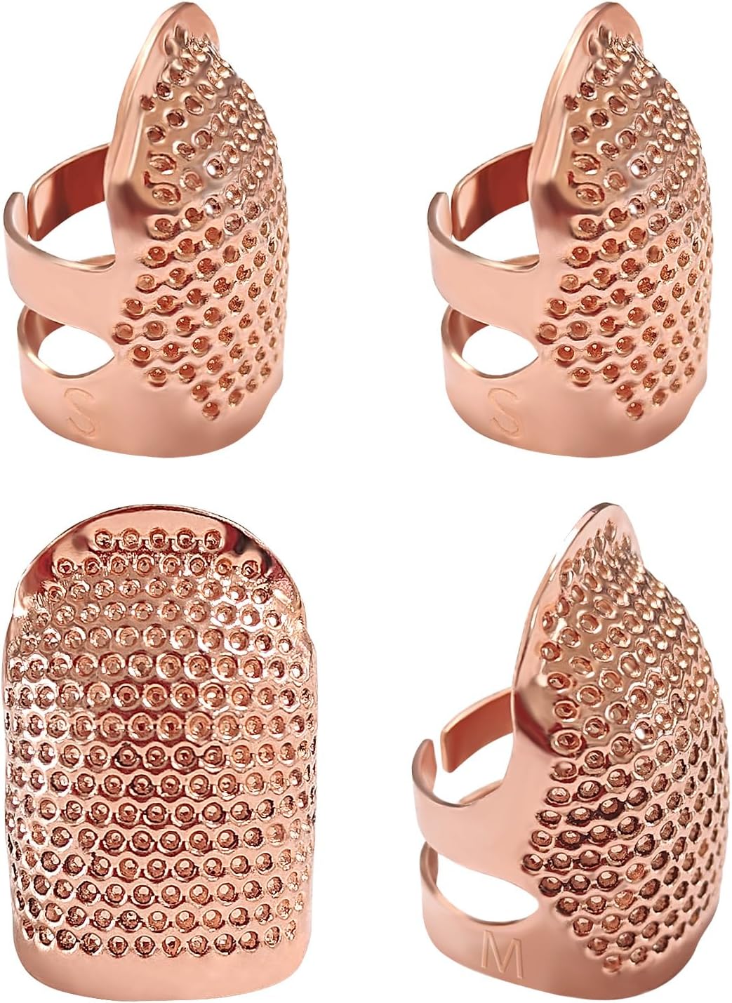 FR 4 Pack (2 Sizes, S/M) Sewing Thimble Finger Protector, Adjustable Finger Metal Shield Protector Pin Needles Sewing Quilting Craft Accessories DIY Sewing Tools Needlework Rose Gold