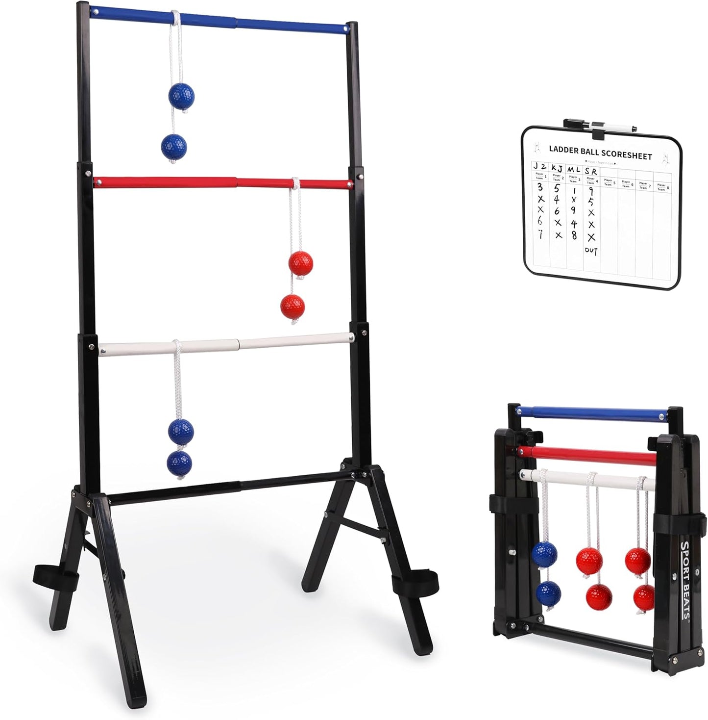 Outdoor Games Ladder Ball Set - Patented Assembly Free Portable Ladder Toss - Steel Frame Includes Carrying Case, 6 Bolas and Scoresheet