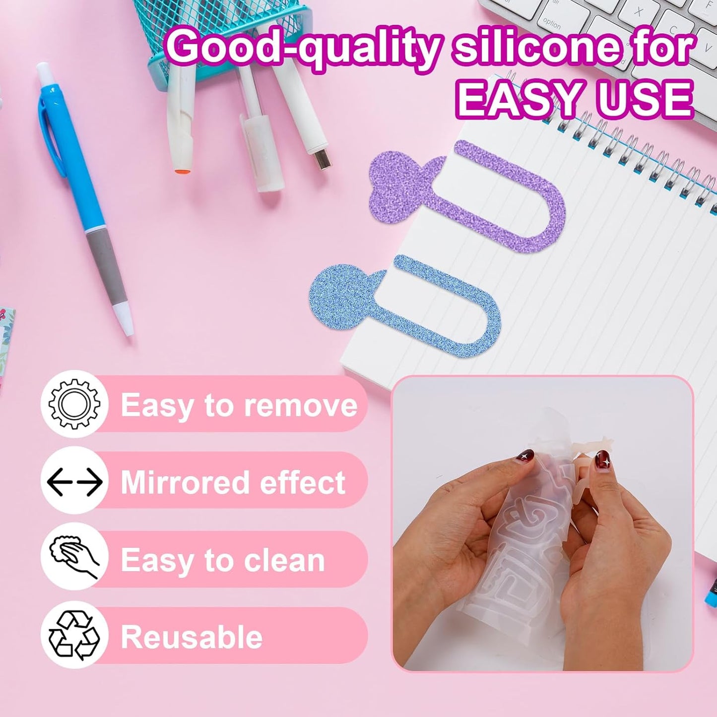 3pcs Paperclip Bookmarks Mold, Jumbo Paper Clips Bookmarks Silicone Mold with Multiple Style Epoxy Heart Resin Casting Mould Butterfly Making Supplies for DIY Crafts Book Lovers Gift