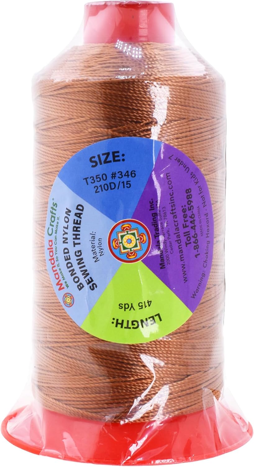 Mandala Crafts Bonded Nylon Thread Bourbon Brown Heavy Duty Sewing Threads - 415 YDs Size 346 210D T350 Tex 350 Thread for Leather Jeans Weaving Outdoor Marine Upholstery Threads