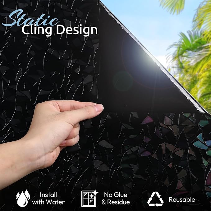 rabbitgoo Window Privacy Film Rainbow Film Decorative Window Sticker, 3D Static Stained Glass Cling Tint for Room Darkening Day Sleep, Black, 17.5 x 78.7 inches