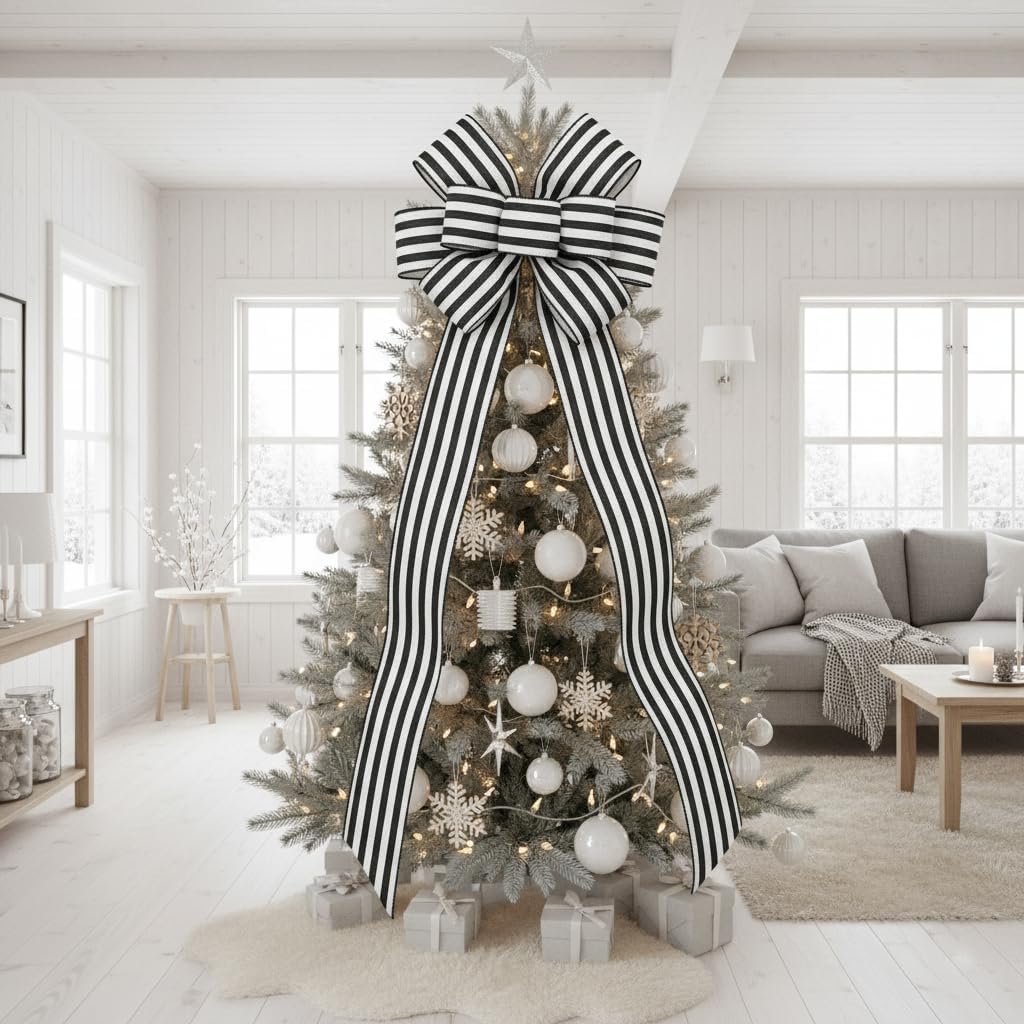 CT CRAFT LLC Striped Canvas Cotton Ribbon 2.5" x 10 Yards Ivory/Black Stripes for Thanksgiving Christmas Home Décor Gift Wrapping Outdoor Tree Topper Bow Wreath