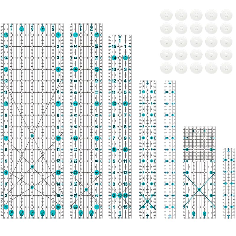 Quilting Ruler, Sewing Ruler, 8 Pack, Acrylic Quilting Templates(6"x17", 3"x17", 2"x16", 1.5"x12", 1"x12", 1"x6", 8"x3"), Non Slip Rings 25 Pieces, Sewing and Quilting Supplies - Clear/Blue