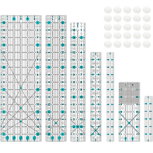 Quilting Ruler, Sewing Ruler, 8 Pack, Acrylic Quilting Templates(6"x17", 3"x17", 2"x16", 1.5"x12", 1"x12", 1"x6", 8"x3"), Non Slip Rings 25 Pieces, Sewing and Quilting Supplies - Clear/Blue