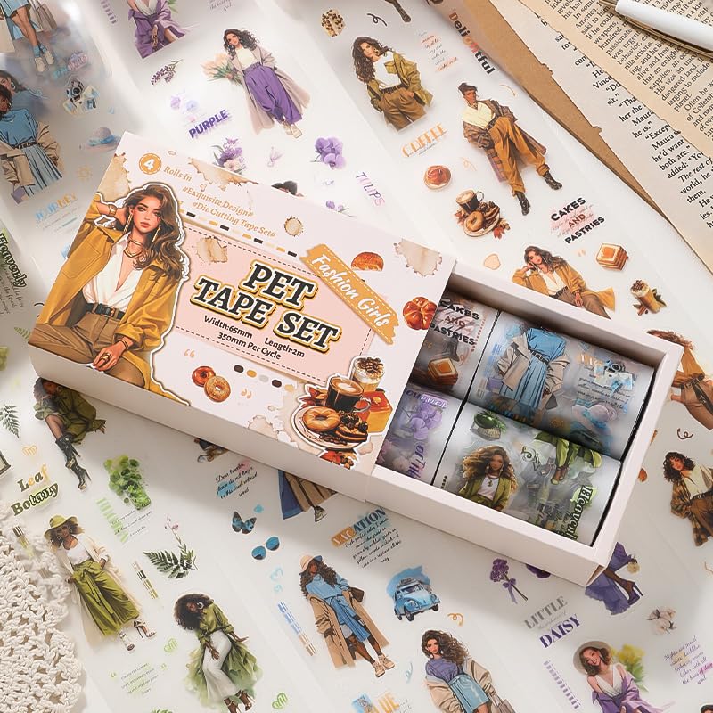 4 Rolls PET Tapes Pre-Cut Washi Tape Stickers for Scrapbooking People Stickers Tape journaling Girl Pattern Tape Sticker Sticker Rolls for Scrapbooking