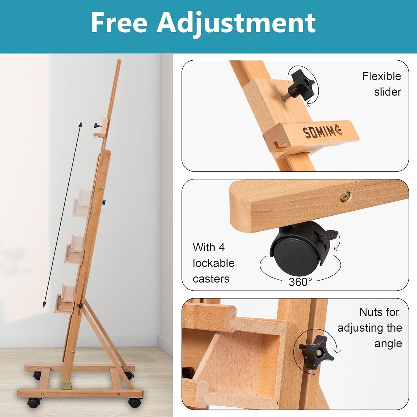 H-Frame Studio Easel, Beechwood Artist Easel with Wheels and Storage Tray, Adjustable Floor Easel Stand Holding Canvas up to 51Inches for Painting, Natural