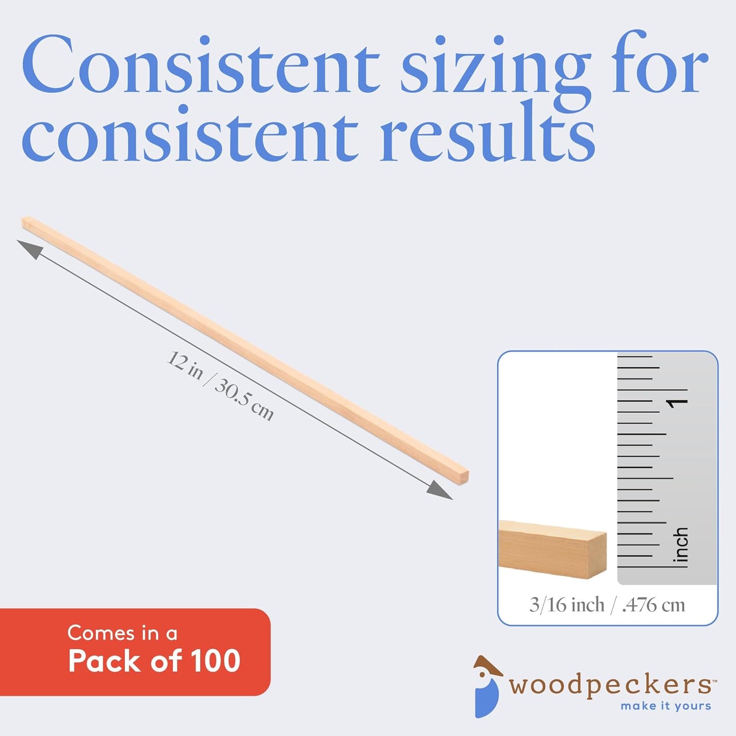 Wood Square Dowel Rods 3/16-inch x 12 Pack of 100 Wooden Craft Sticks for Crafts and Woodworking by Woodpeckers