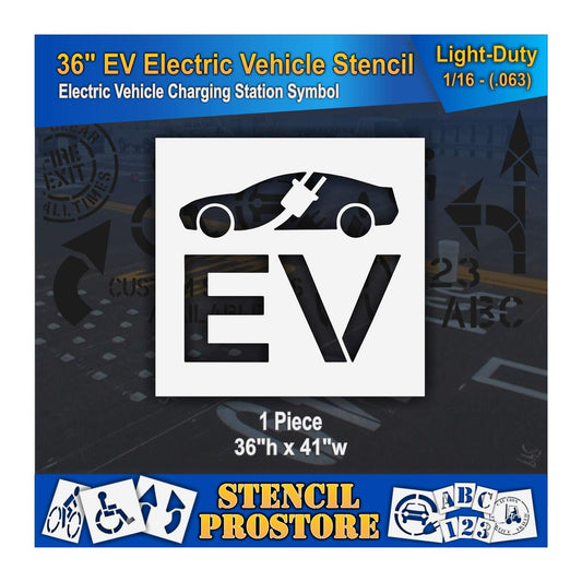 Pavement Stencils - 36 in - Electric Vehicle Silhouette with Plug and EV Letters - 35'' x 41'' x 1/16" (63 mil) - Light-Duty