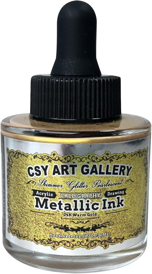 CSY Art Gallery Metallic Liquid 24K Gold Leaf Acrylic Paint Ink -Non-Toxic,Waterproof Gold Leaf Paint for Crafts, Resin Art, DIY, Furniture, Wood(24K Warm Gold)