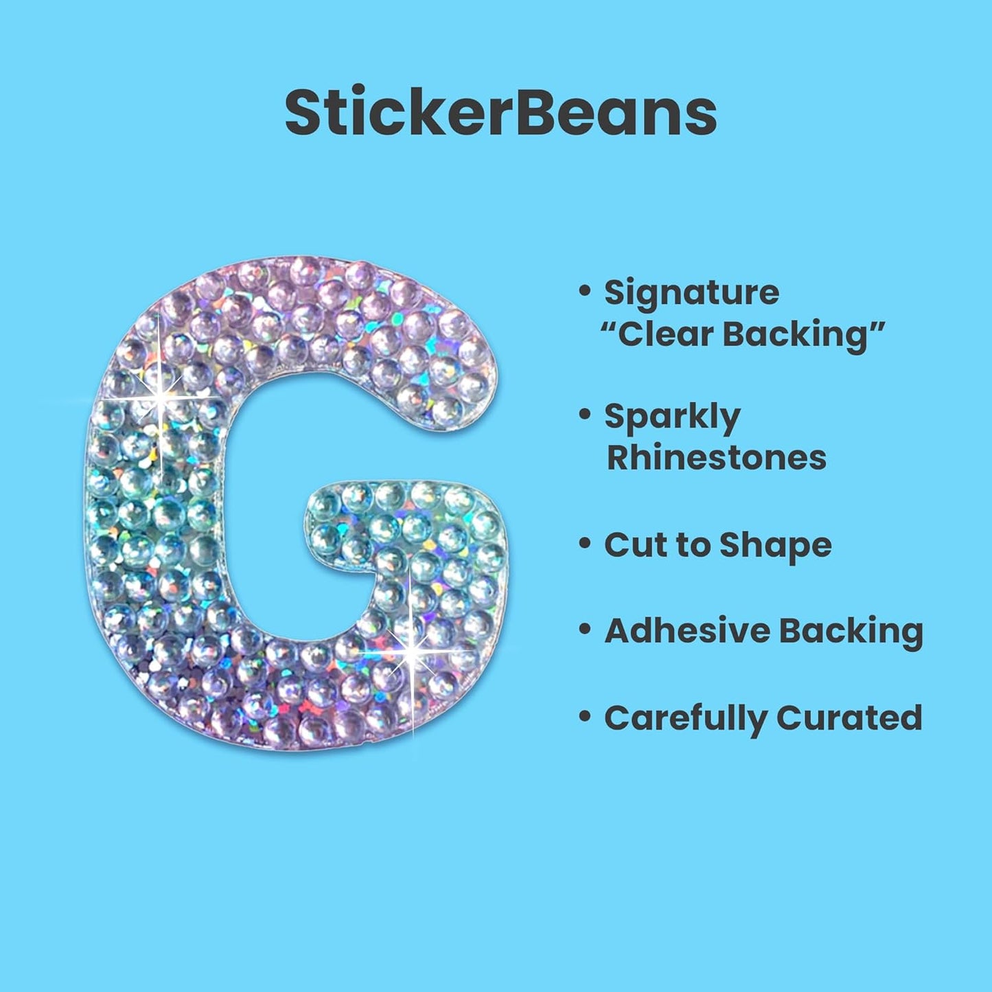 StickerBeans® Rhinestone Alphabet Letter Sticker G - Unique Sparkly Design 2” x 2” Cut-to-Shape Adhesive - Personalization, Collecting, Gifting, Scrapbooking, Decorating Laptops, Phone Cases, All Ages