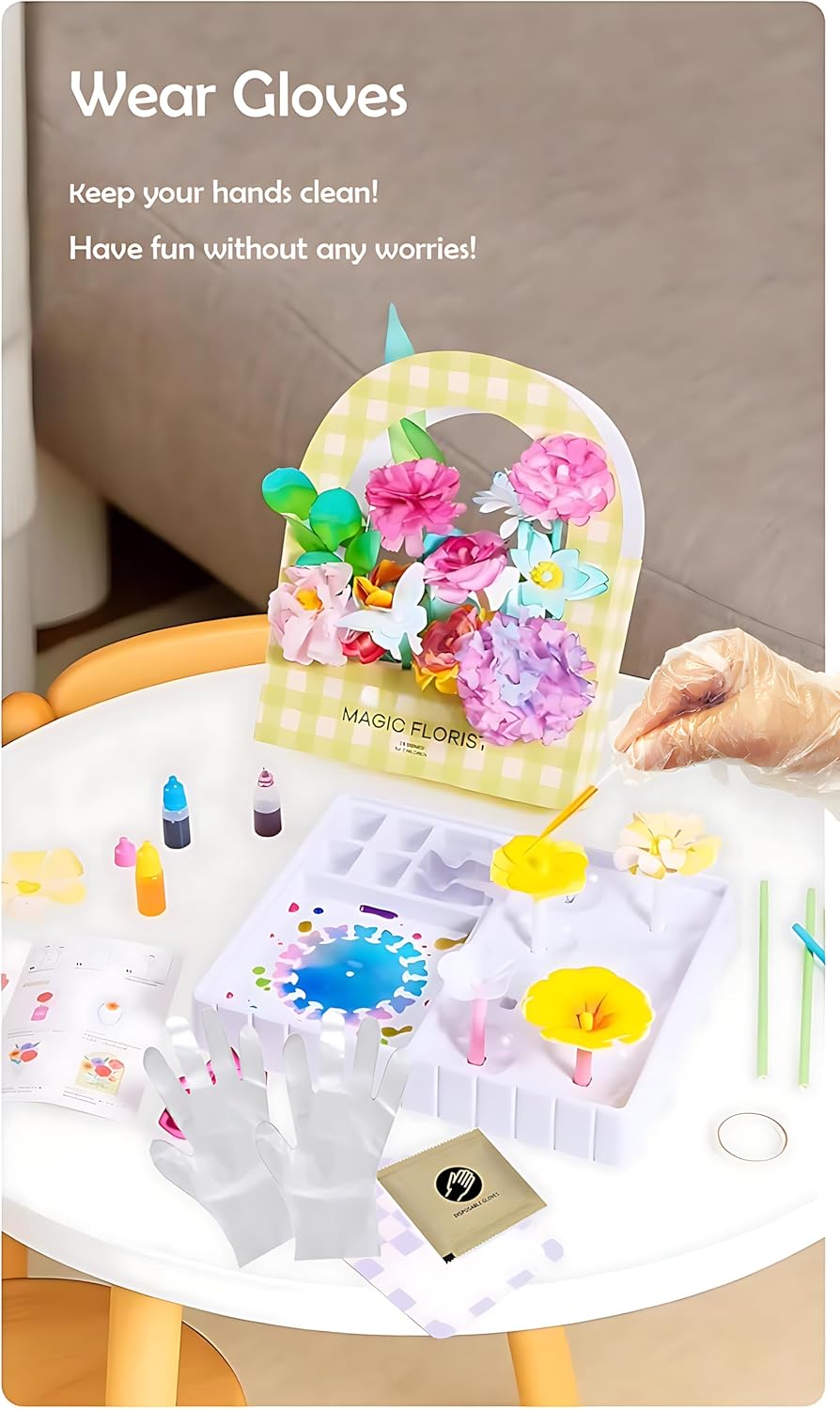 Science Craft Kit: Color Mixing & Dyeing Paper Flower Bouquet for Adults, Teens & Kids 8-12. Handmade Craft for Women's Group Activities & Stem Family Fun, Gift for Birthday Christmas, (Green Florist)