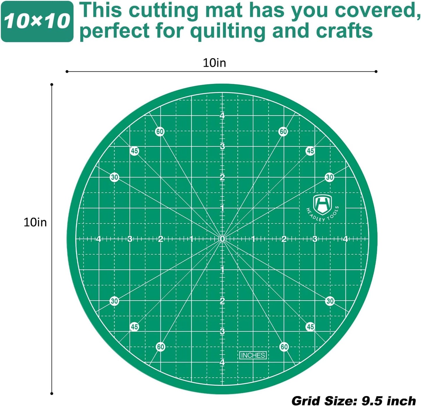 Headley Tools 10"x10" Round Rotating Cutting Mat, Self Healing Mat with 360-Degree Rotation & Anti-Slip Base, Sewing Board Cutting Mat Perfect for Fabric Quilting Leather Hobby Project, Green